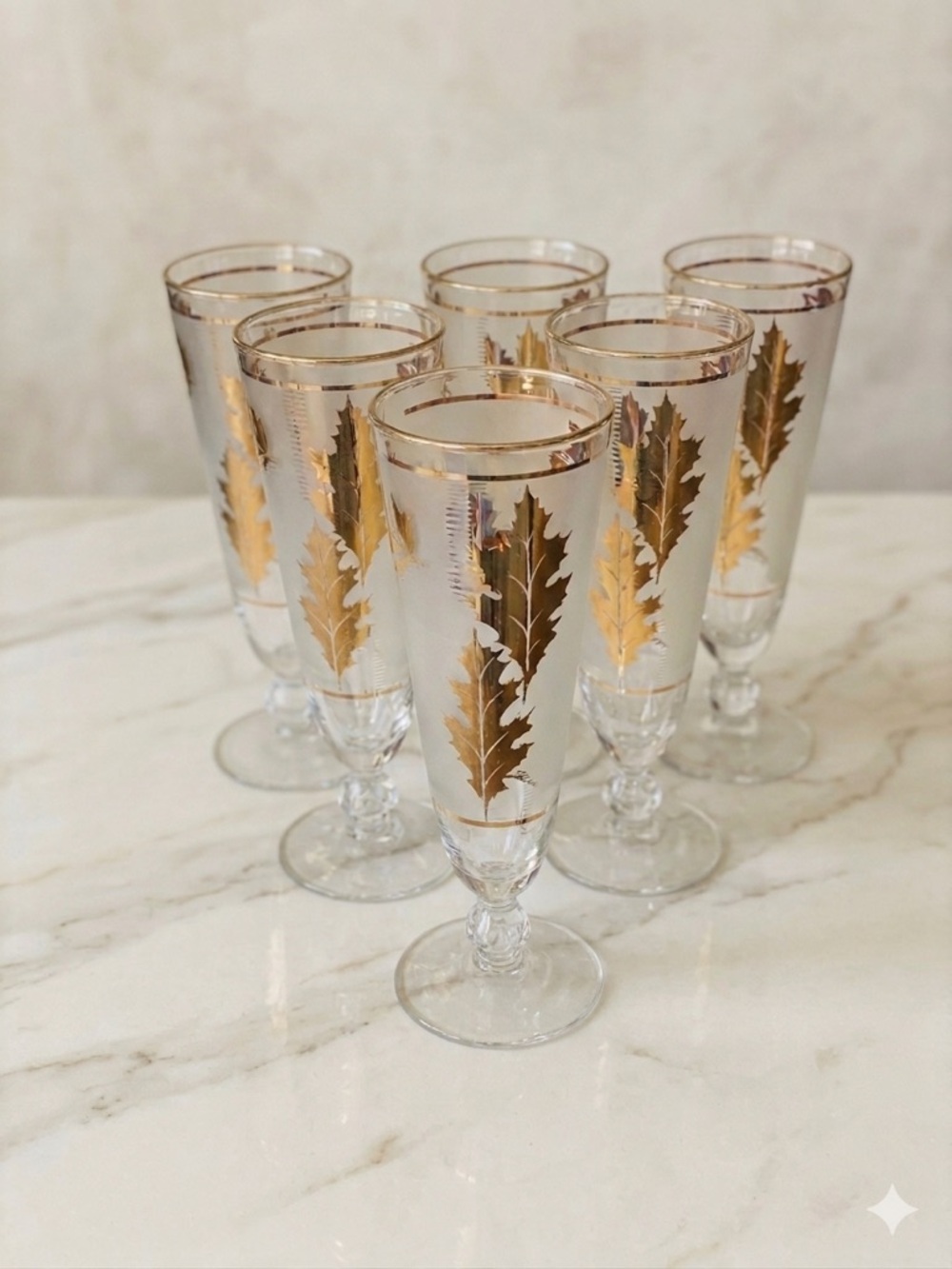 Vintage Frosted Glass Pilsner Set Gold Leaf Pattern 6 Glasses Barware Elegant